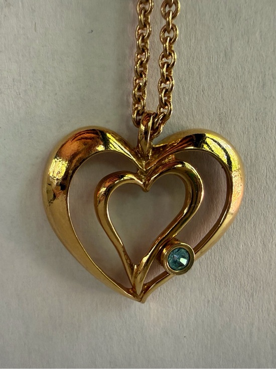 Avon Jewelry - Avon Gold-Tone Double Heart Pendant Necklace with Blue Gem
